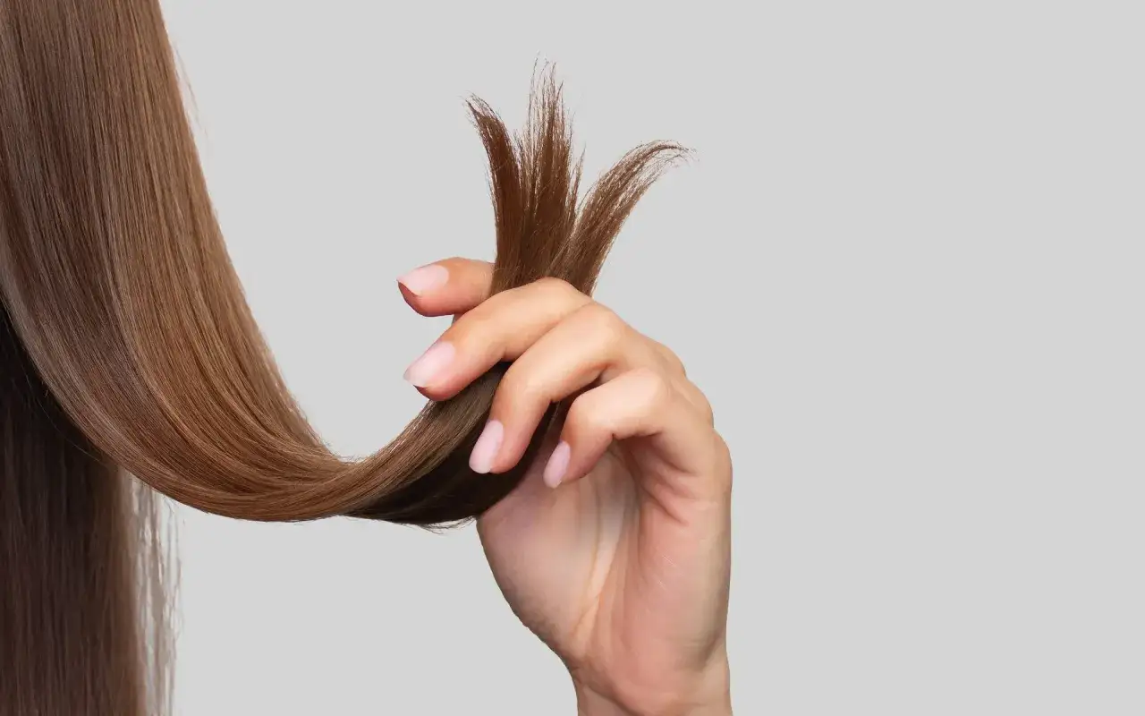 Mano che mostra capelli con doppie punte, possibili cause di capelli secchi e danneggiati.