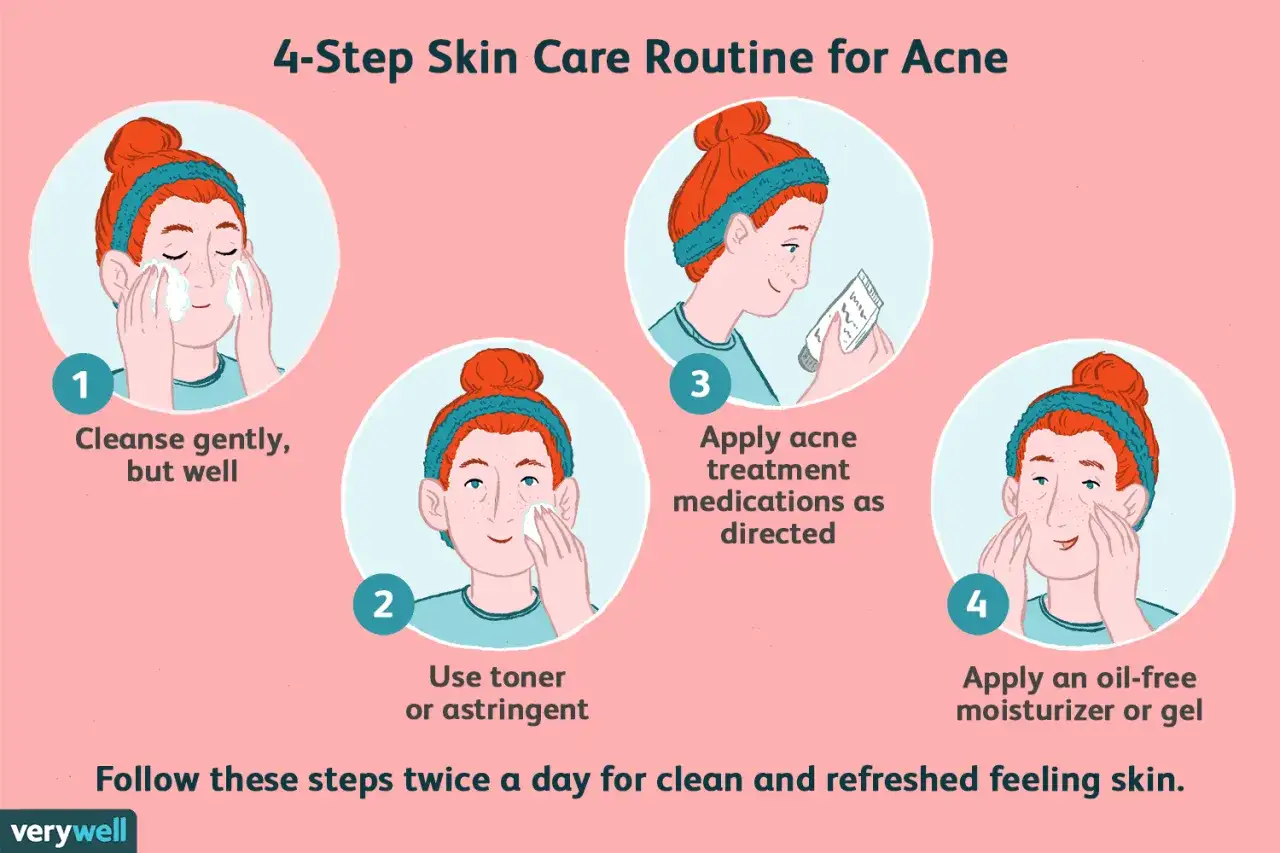 Routine in 4 passi per come togliere i brufoli dal viso: pulizia, tonico, farmaci e idratazione.