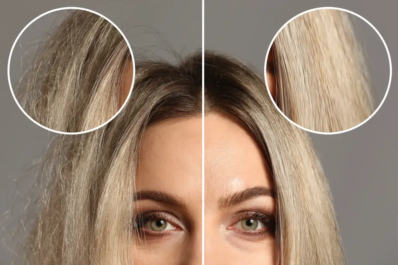 Capelli crespi prima e lisci dopo un trattamento alla cheratina. La cheratina cos'è? Una proteina che rende i capelli sani e lucenti.