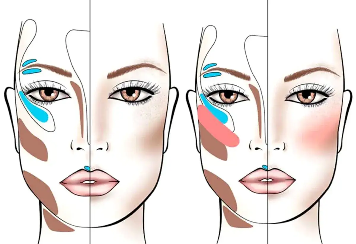 Illustrazione che mostra le aree del viso per il trucco contouring, con ombreggiature e colori per definire i tratti.
