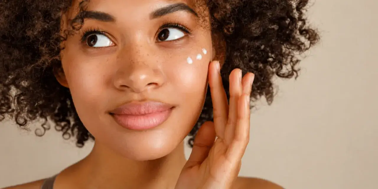 Donna con pelle luminosa applica crema sul viso, con gocce bianche visibili sulla guancia.