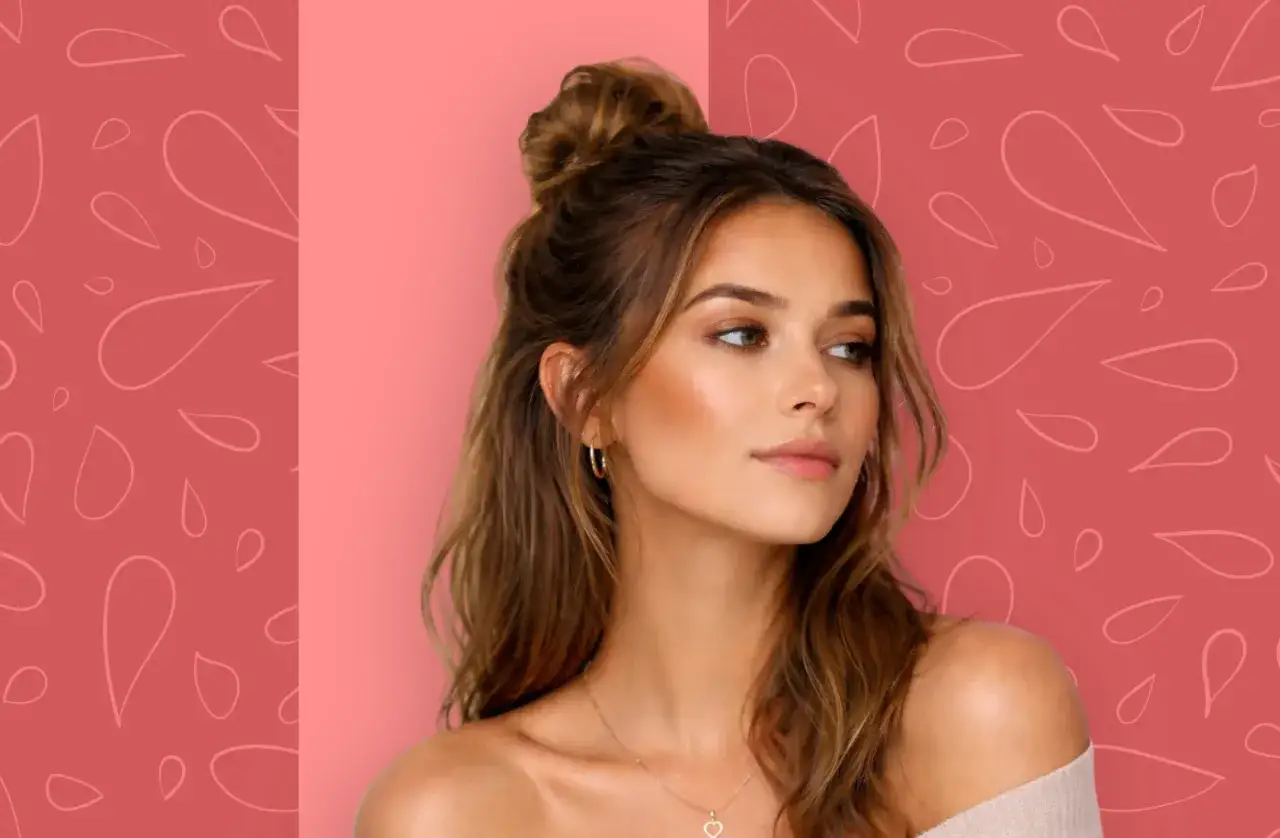 Donna con un'acconciatura a chignon alto e un makeup contouring che esalta i lineamenti del viso.