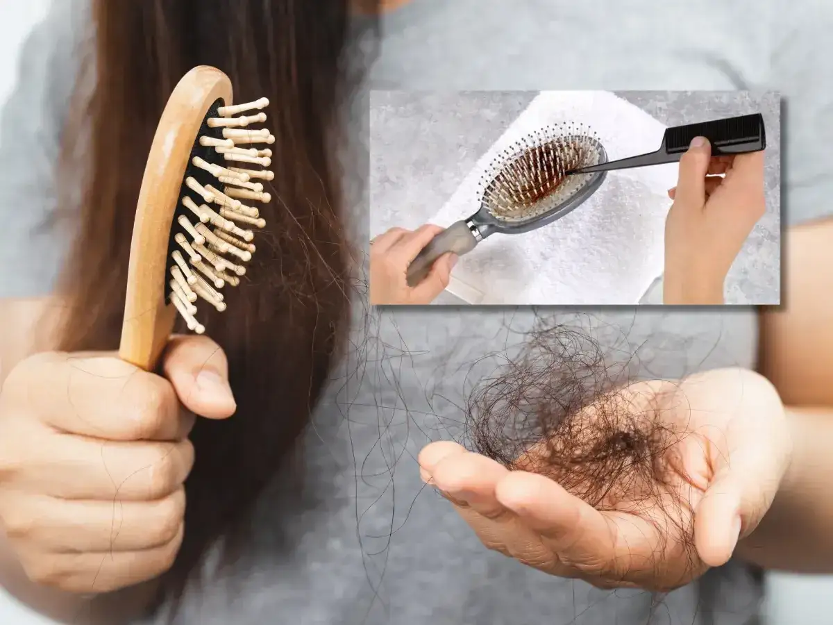 Immagine mostra come lavare le spazzole per capelli, rimuovendo i capelli caduti.