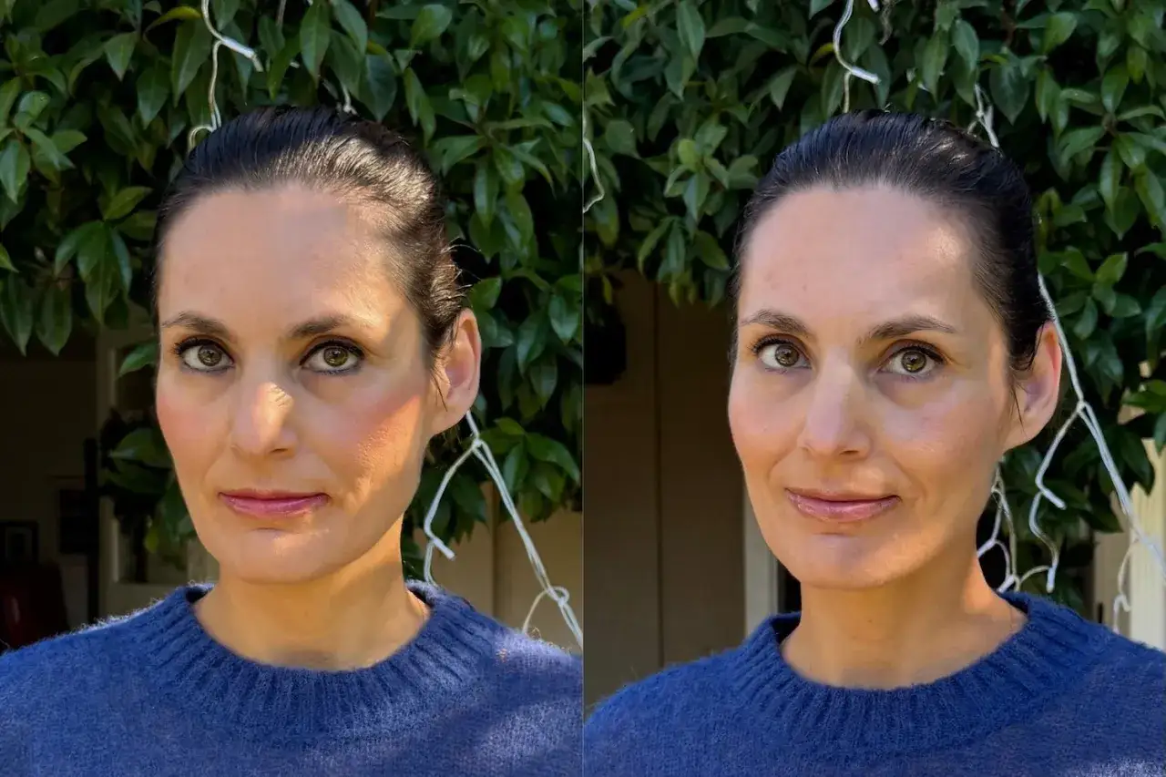 Confronto prima e dopo il trucco: un volto con un look più naturale a sinistra e uno più definito a destra, con un sorriso accennato.