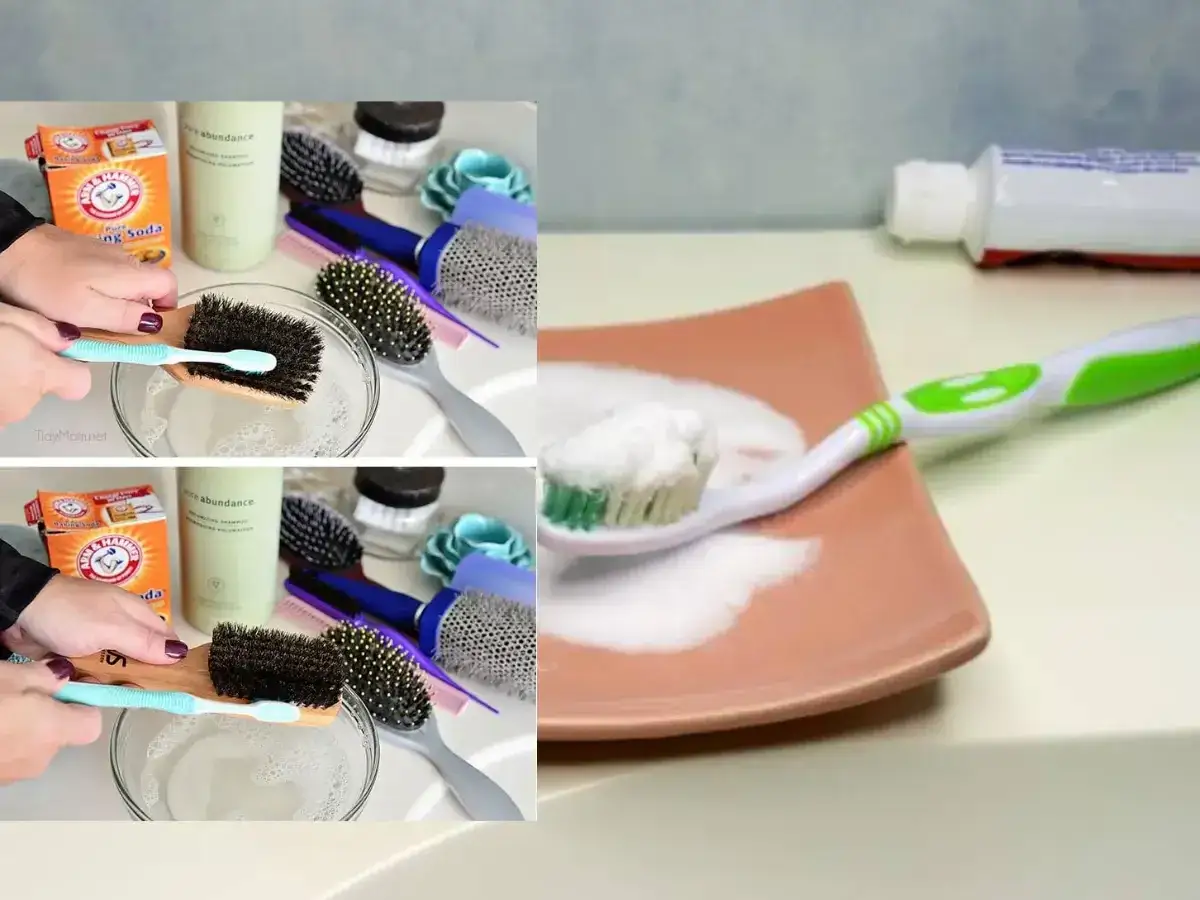 Per pulire spazzola capelli plastica: bicarbonato e dentifricio su uno spazzolino per rimuovere residui e sporco.