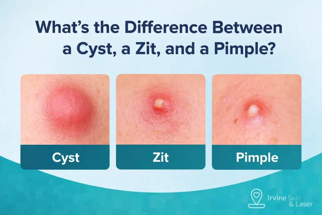 Primo piano di una protuberanza pelle infiammata (cisti), una con punta bianca (zit) e una più piccola (pimple).