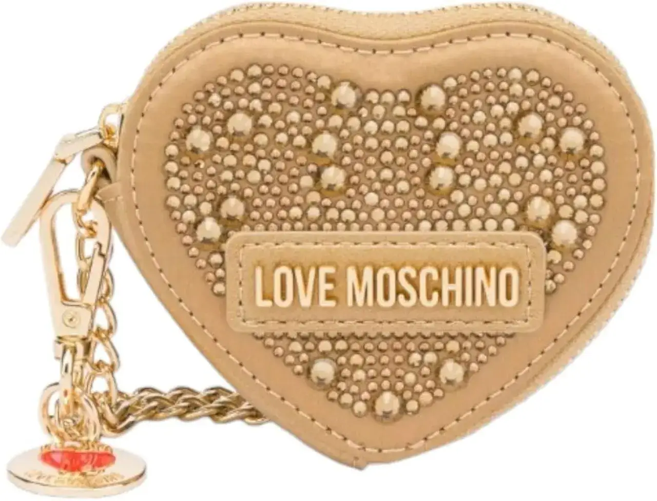 Portachiavi Moschino donna a forma di cuore, color cuoio, tempestato di borchie dorate e con logo 