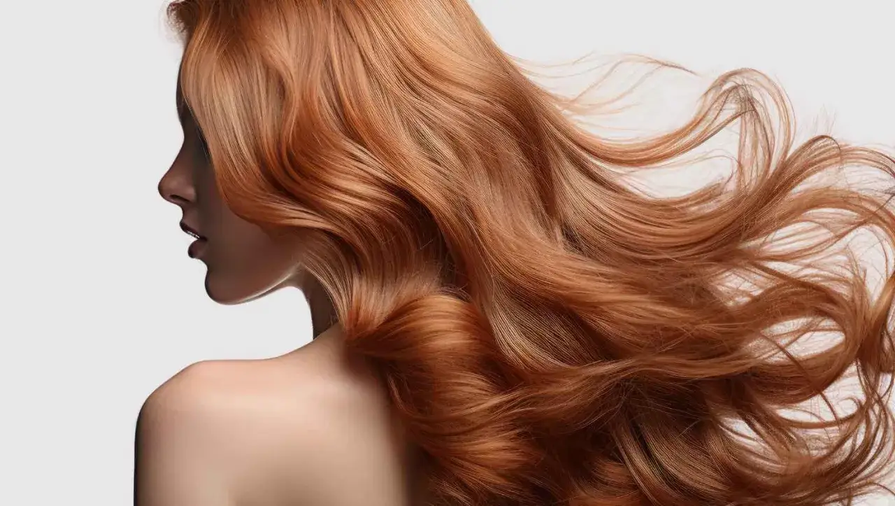 Capelli perfetti color rame, mossi e luminosi, che incorniciano il profilo di una donna.