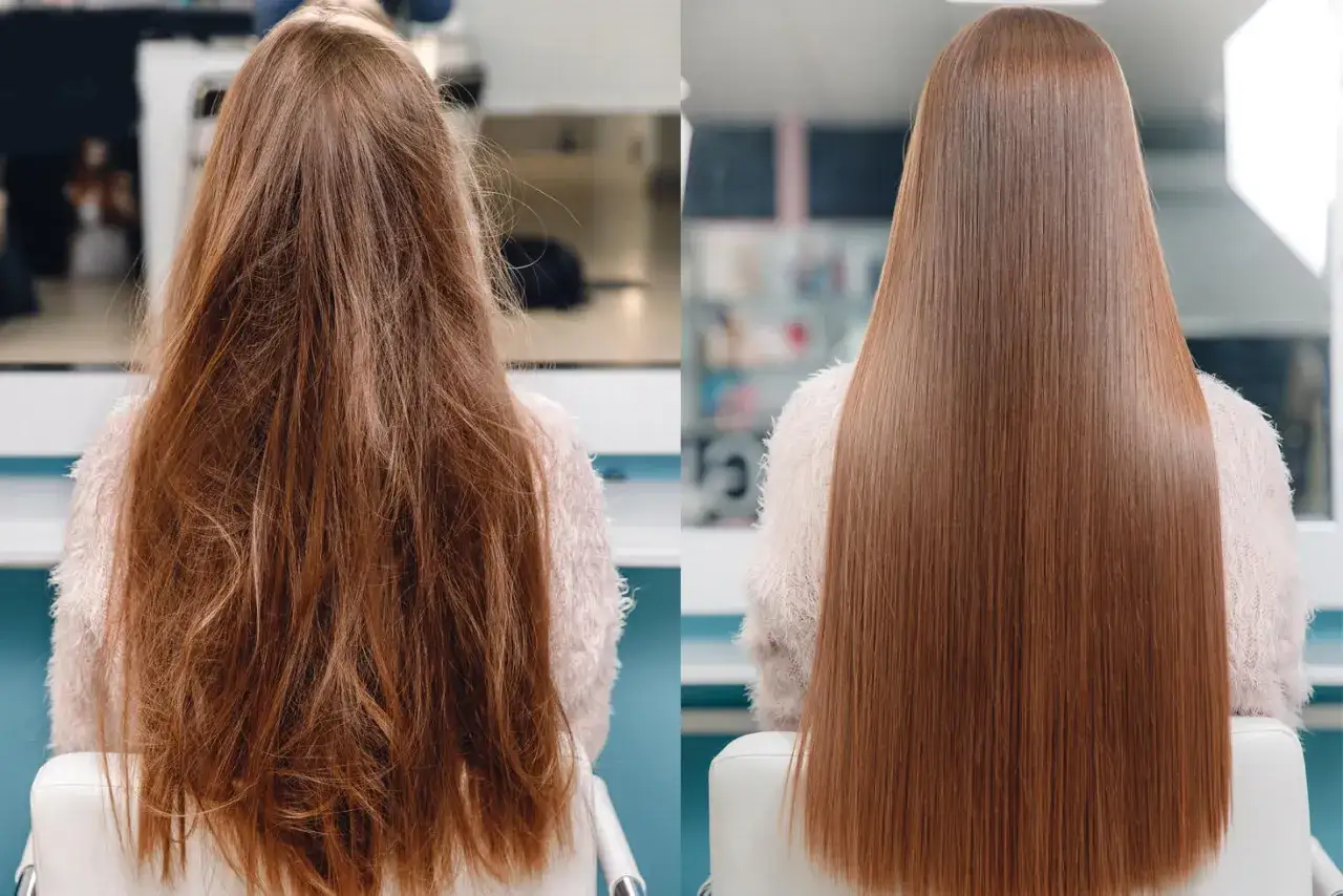 Prima e dopo: capelli crespi trasformati in lisci e setosi. La cheratina serve a questo: riparare e ristrutturare la fibra capillare per un risultato impeccabile.