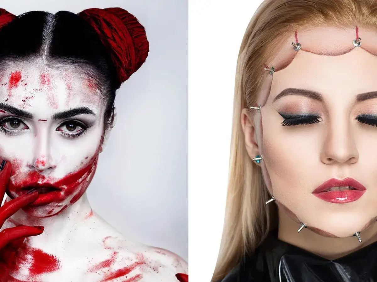 Due volti con trucchi spaventosi: uno con trucco bianco e rosso sangue, l'altro con piercing e fili sul viso.
