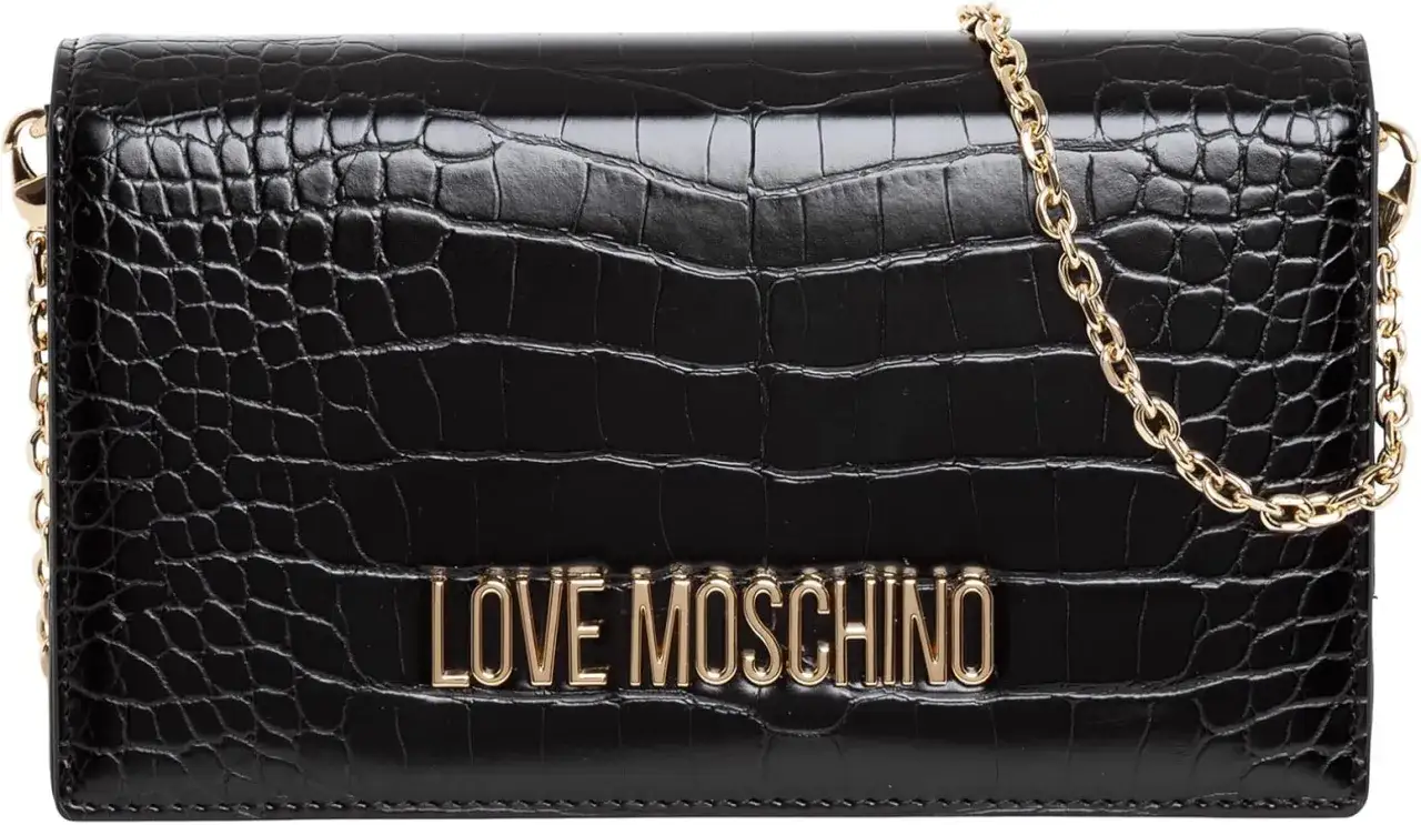 Portafoglio nero effetto coccodrillo con logo LOVE MOSCHINO dorato e catena. Le tasche interne sono perfette per organizzare tutto.