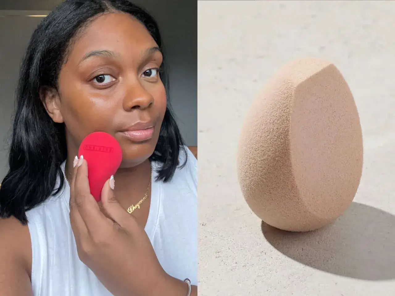Donna usa un beauty blender rosso per applicare il fondotinta. A destra, un beauty blender beige.