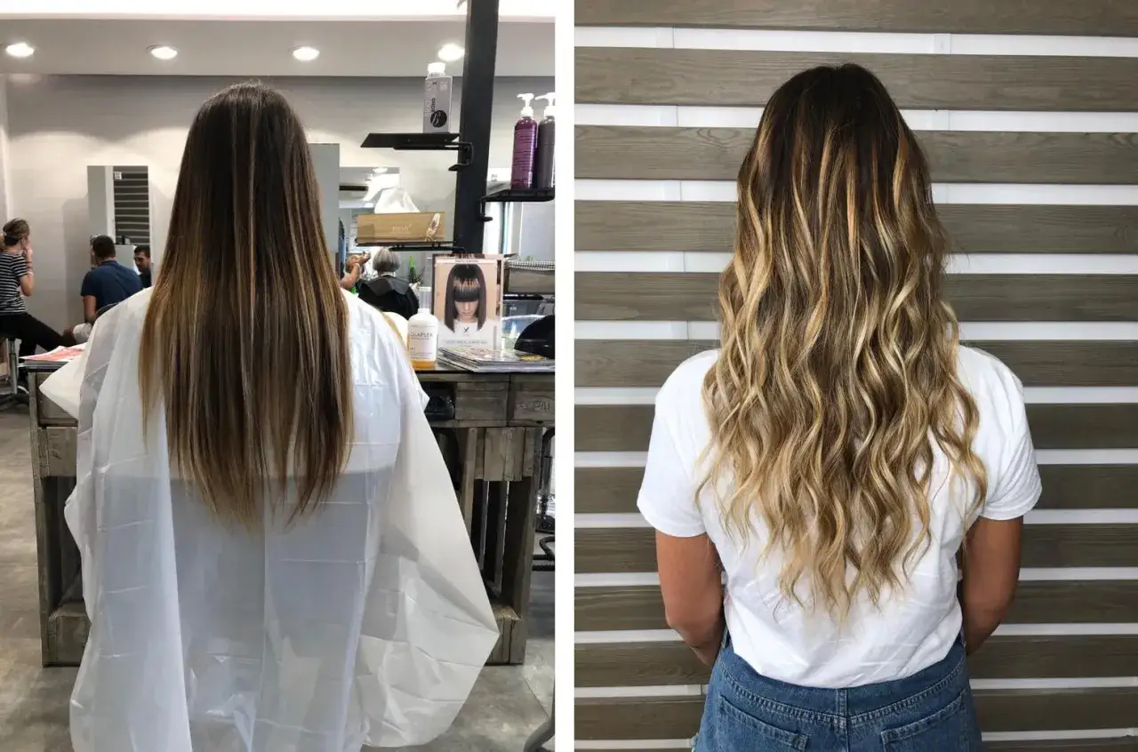 Prima e dopo: capelli spenti e rovinati dai colpi di sole, ora luminosi e mossi.