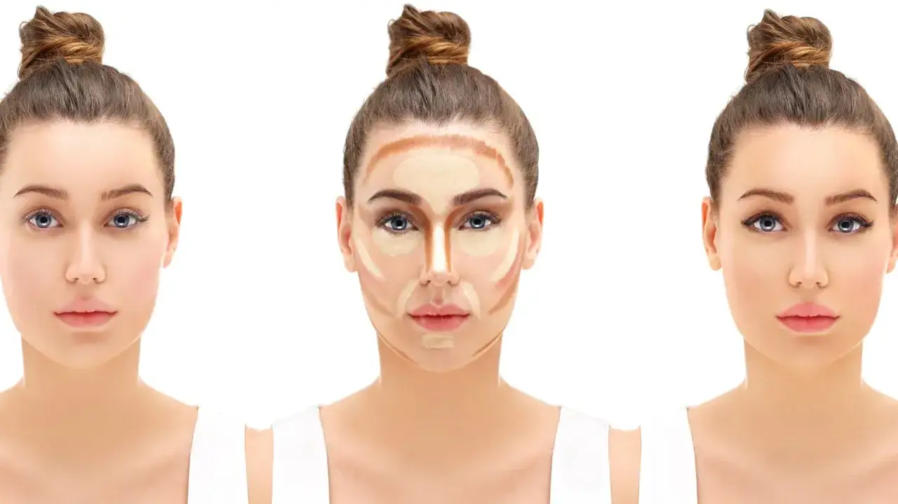 Tre volti mostrano come fare il contouring: prima, durante e dopo l'applicazione del trucco per scolpire il viso.
