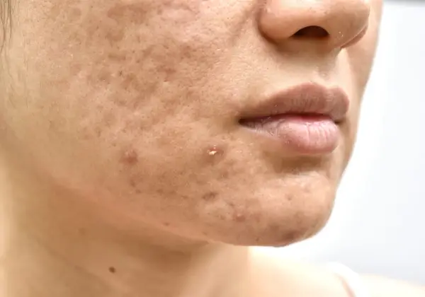 Primo piano del viso con imperfezioni, pori dilatati e brufoli. Potrebbe indicare una carenza di vitamina D nella pelle.