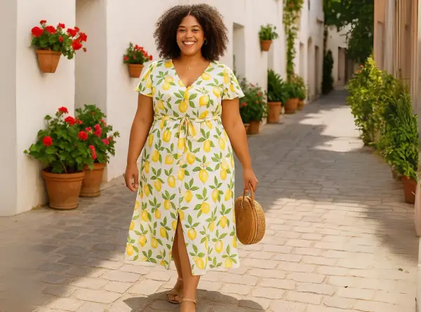 Donna sorridente con un vestito limoni, cammina in un vicolo fiorito.