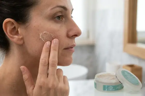 Donna applica esfoliante viso con grani fini. Scopri cos'è e come usarlo per una pelle luminosa.