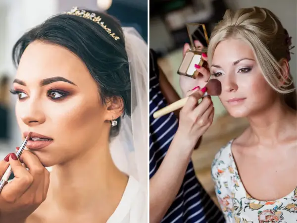 Trucco sposa delicato: una sposa con tiara e velo riceve il tocco finale al trucco labbra, mentre un'altra viene preparata con un pennello sul viso.