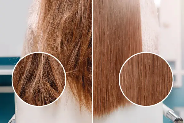 Capelli crespi prima e lisci dopo un trattamento alla cheratina. La cheratina serve a ricostruire e levigare la fibra capillare, donando lucentezza e morbidezza.
